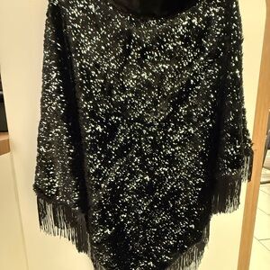 Cato Black Sequin Fringe Poncho